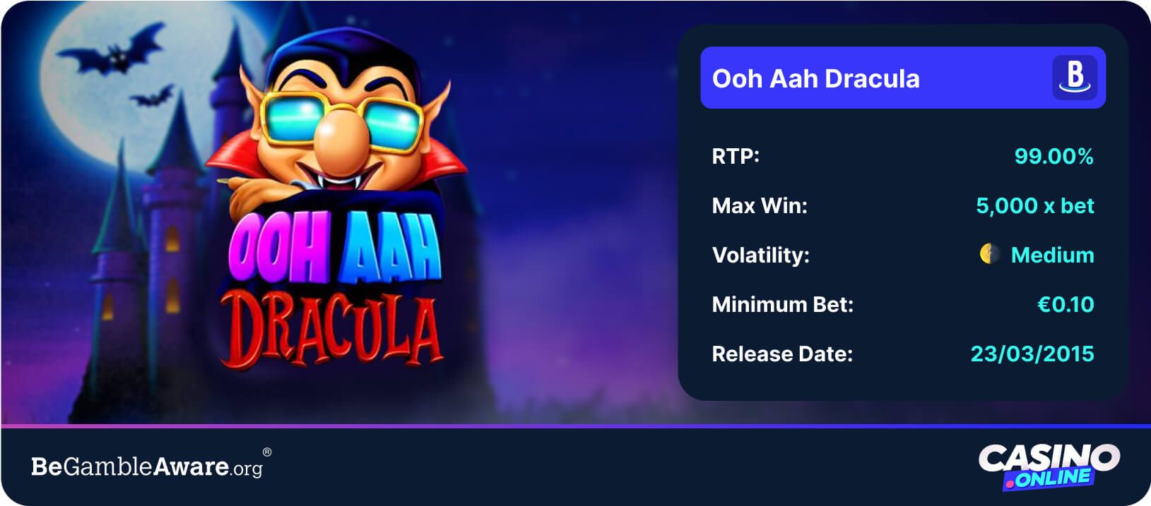Ooh Aah Dracula offers 99.00% RTP and a RTP boost in Hi Roller mode, great for hi roller players